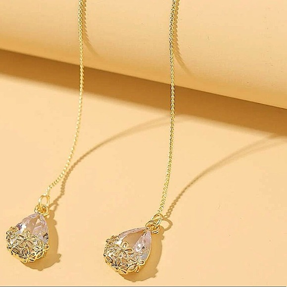 Gold Rhinestone Water Drop Threader Earrings - Picture 2 of 3